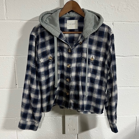 Lucky Brand Blue Plaid Cropped Hoodie Sz Small - Picture 2 of 5